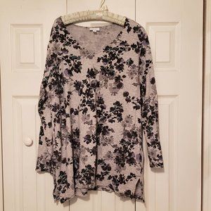J Jill Gray Floral Pure Jill size 1X Tunic Top, V-neck, Long Sleeves, Excellent